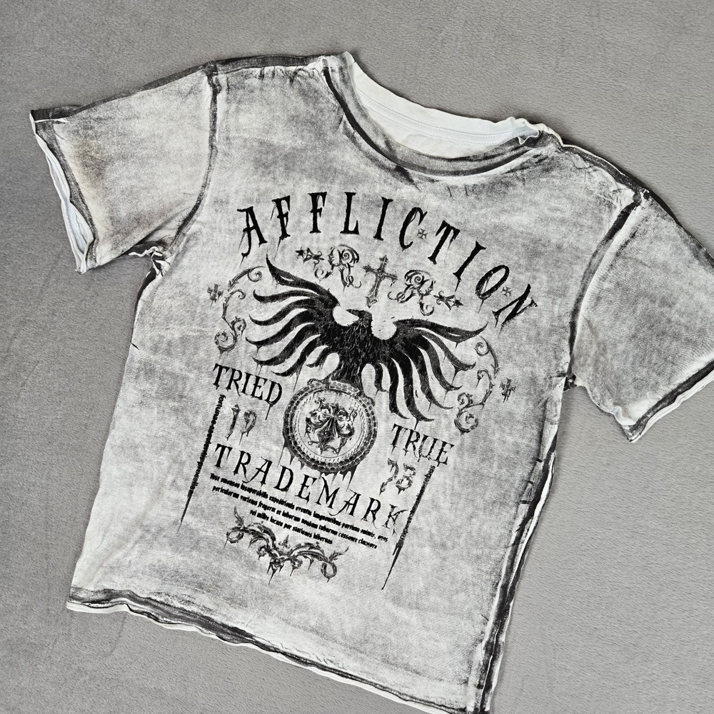 Affliction T-Shirt Mens Medium (Small) Gray S/S Tried & True Skull Pinkman Y2k